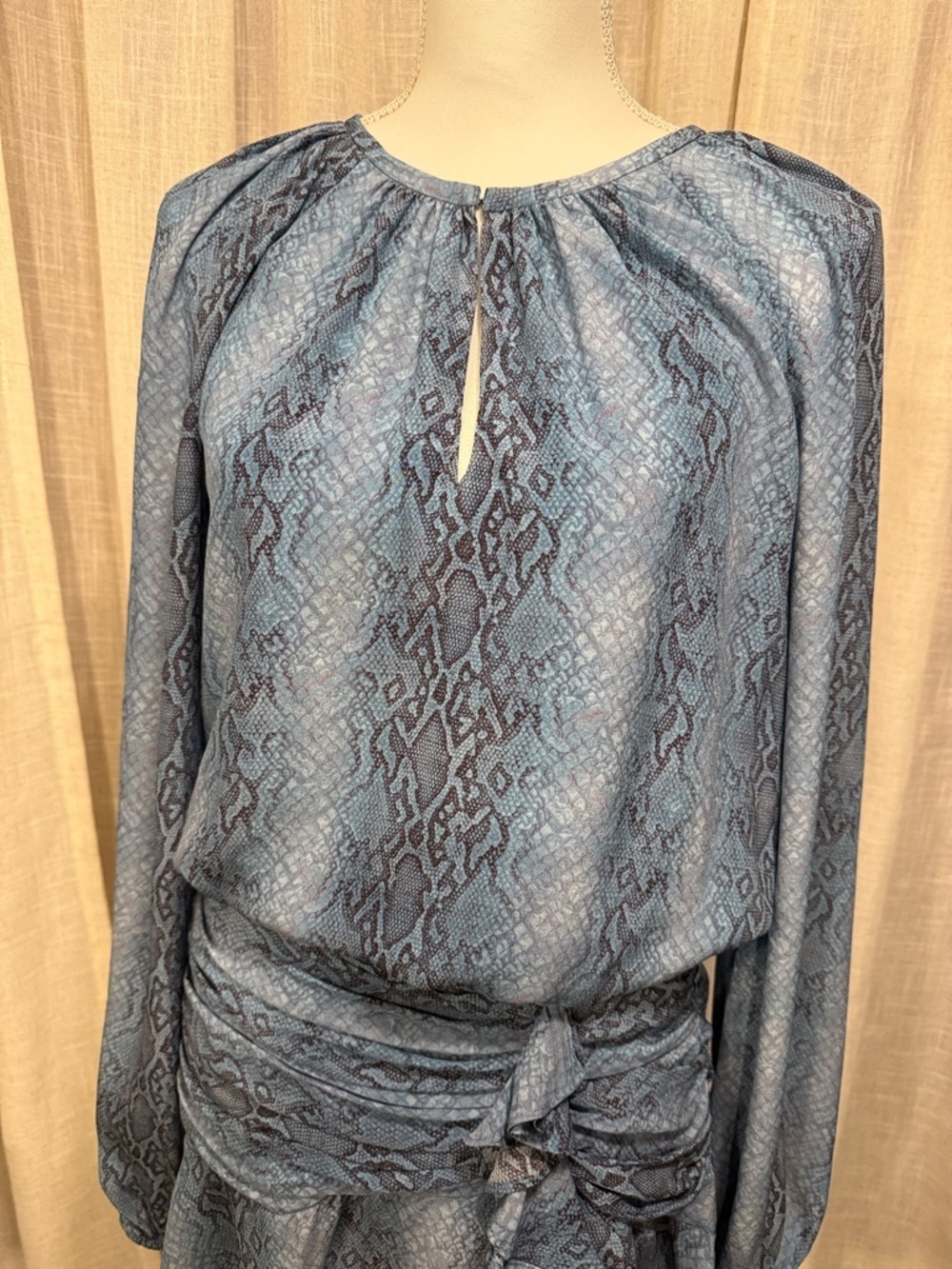 Ramy Brook Silk Snake Print Mini Dress Blue Gray Long Sleeve Ruched Waist - Picture 4 of 16